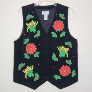 Vintage Westbound Christmas Poinsettia Velvet Vest Size Medium